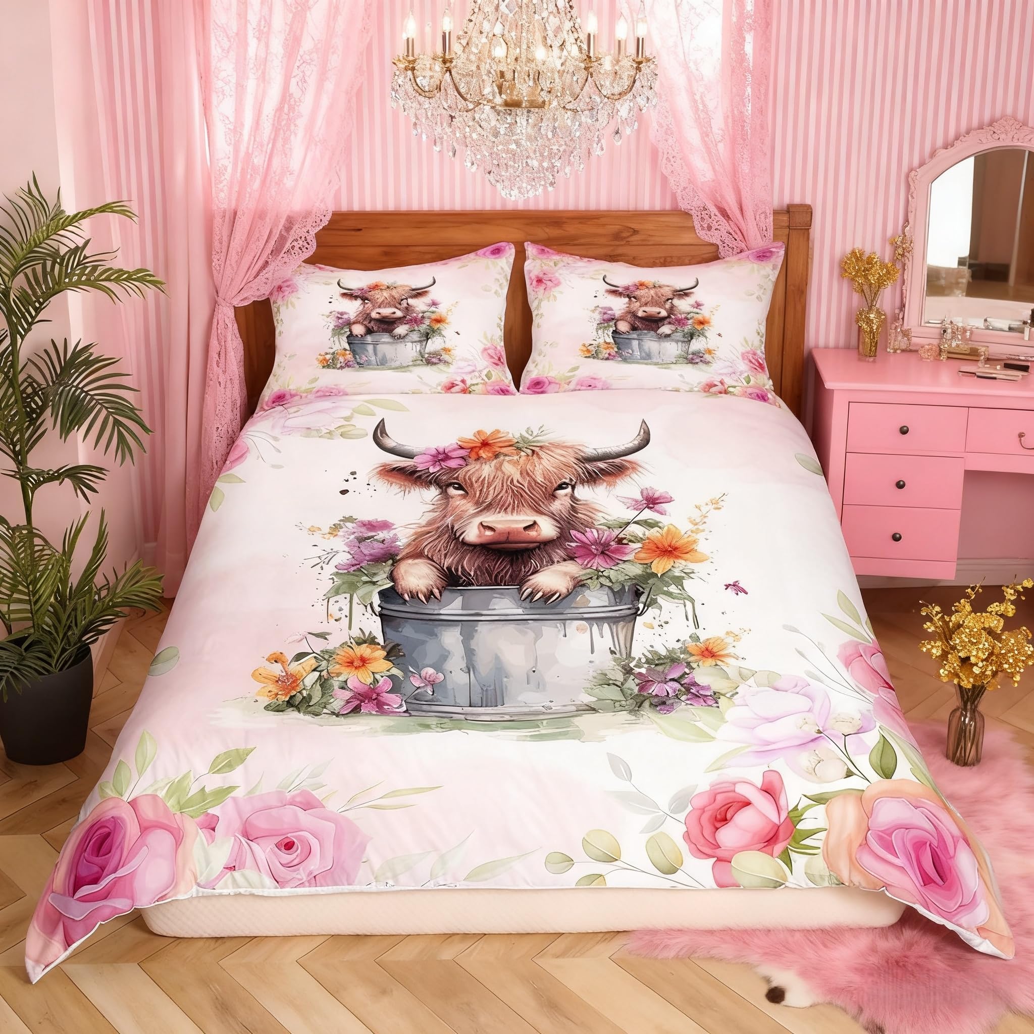 Manfei Highland Cattle Duvet Cover Set Single Size, Watercolor Flower Comforter Cover with 1 Pillowcase, Floral Farm Cow Bedding Set 2pcs for Kids Girls Adults Room Decor Lightweight Bedspread Cover