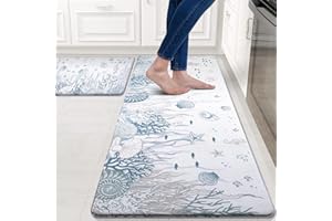 ASPMIZ Kitchen Mat Anti Fatigue 2 Piece, Beach Kitchen Rugs for Floor, Cushioned Kitchen Runner Mat Non Skid Washable, Waterproof Memory Foam Comfort Mat for Home Sink, 18'' x 48'' + 18'' x 30'' White