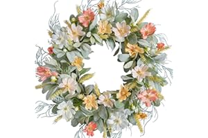 Egolot 20 Inch Daisy Flowers Lamb Ears Leaves Wreath for Front Door, Summer Flower Wreath with Wheat for Indoor and Outdoor, Floral for Home Decor