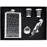RNUIE Hip Flasks for Liquor Sets for Men,9 Oz Personalized Whiskey Stainless Steel Flagon,2 Cups+1Corkscrew+1 Mini Funnel for Husband Christmas Birthday Ornaments(stripe)
