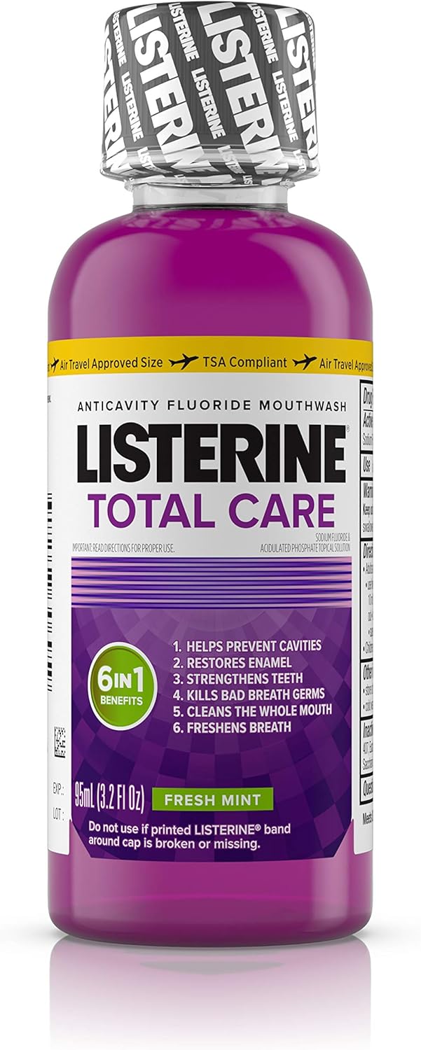 Listerine Total Care Anticavity Mouthwash, 6 Benefit Fluoride Mouthwash for Bad Breath and Enamel Strength, Fresh Mint Flavor, Travel Size 3.2 fl. oz