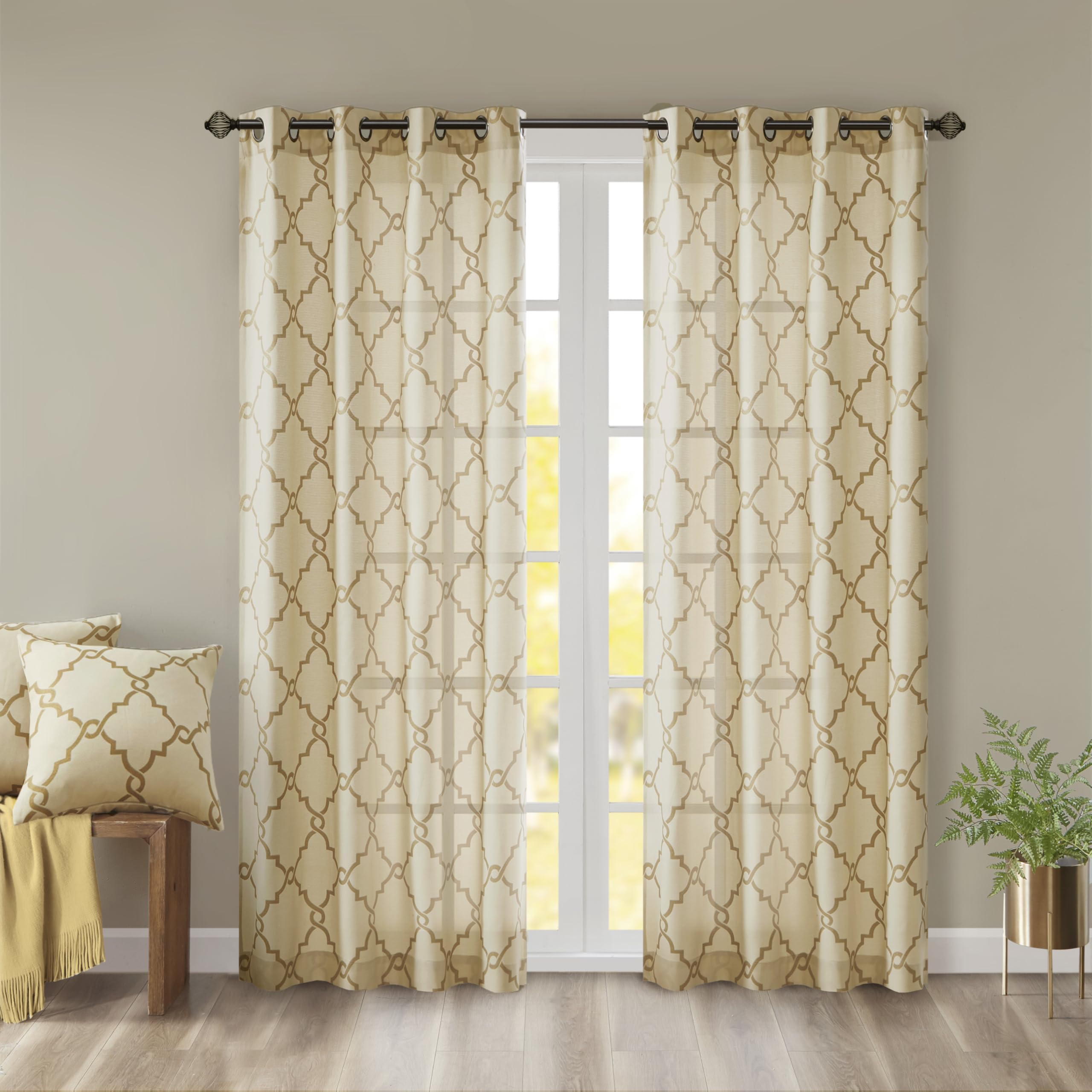 Madison Park Saratoga Window Curtain Light Filtering Fretwork Print 1 Panel Grommet Top Drapes/Valance for Living Room Bedroom and Dorm, 50x108, Beige/Gold