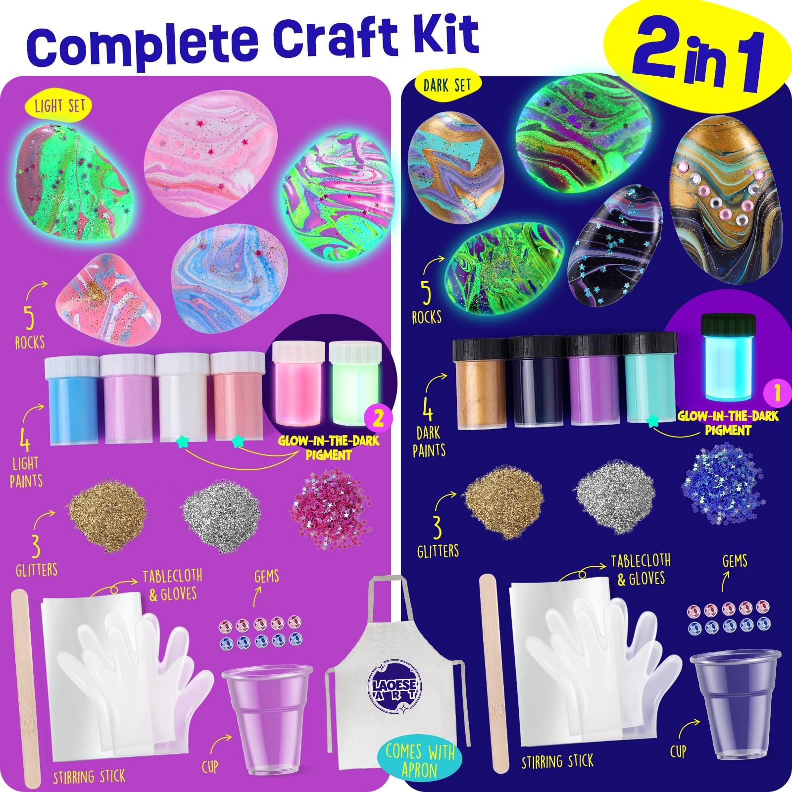 2 in 1 Rock Painting Art Kit - Glow in The Dark Pouring Rock Kit - Arts and Crafts for Kids Girls & Boys Ages 6-8, 8-12, Craft Paint Kits Creative Toys, Art Supplies Birthday Gift for Kids