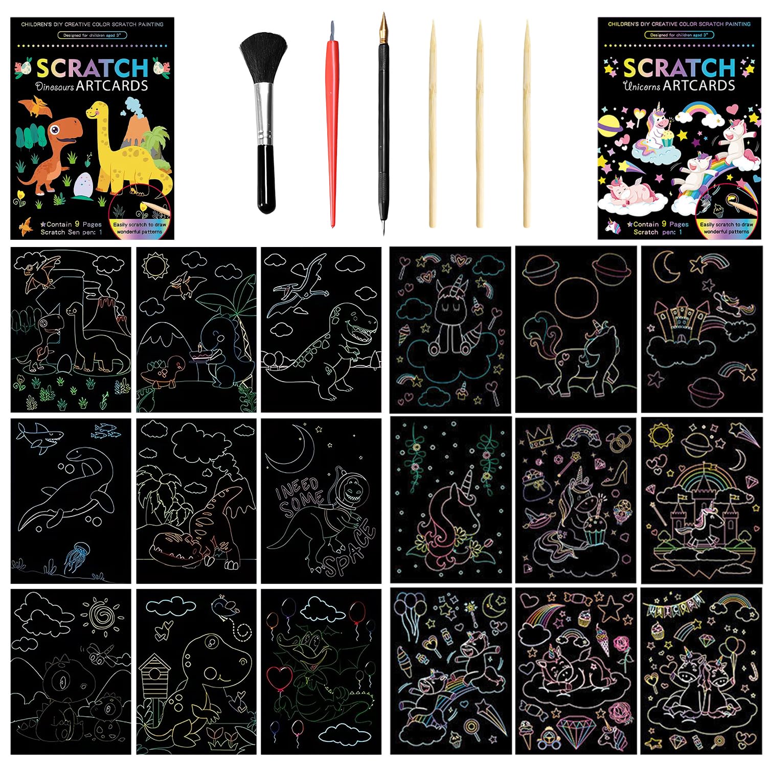 VLYX Scratch Art Kit, 8-Piece Rainbow Scratch Papers with Stylus & Wooden Tools for Kids & Adults, Cartoon Animals Arts & Crafts Set