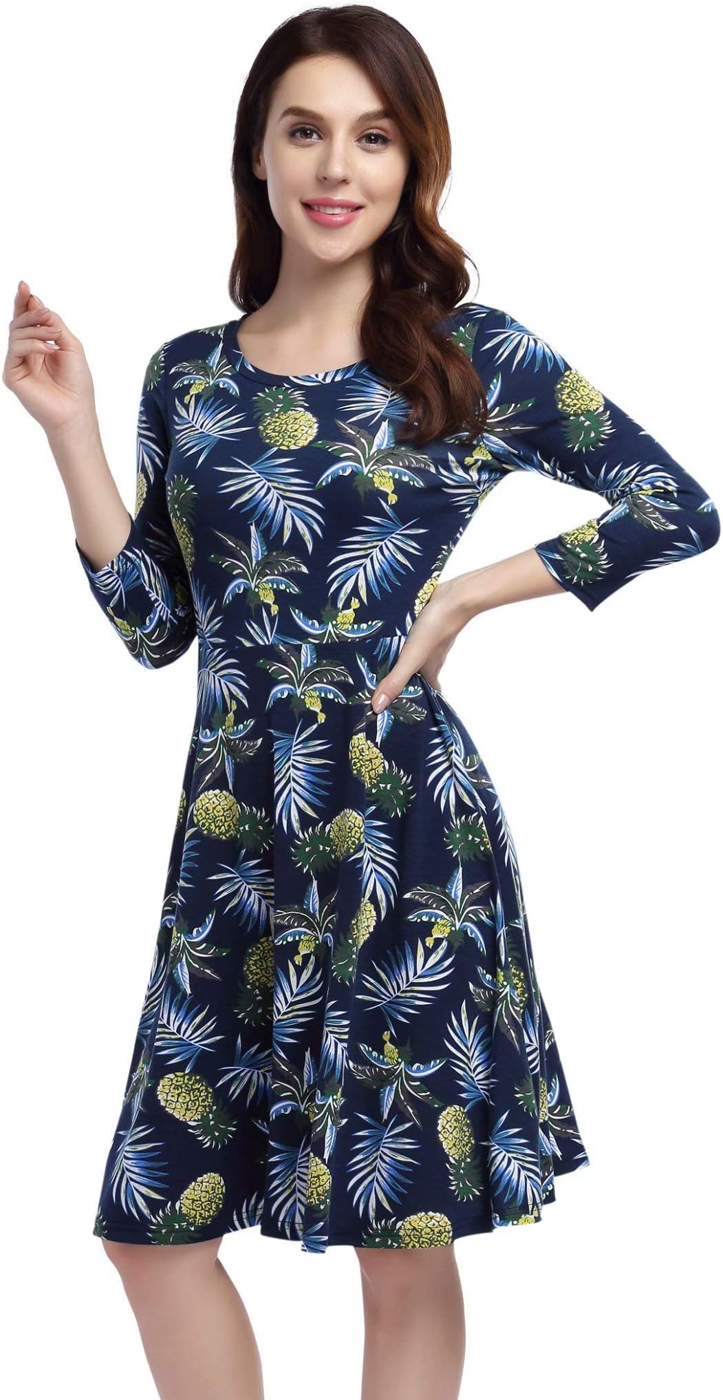 HiQueen Women's Round Neck A-Line Casual Knee Length Dress