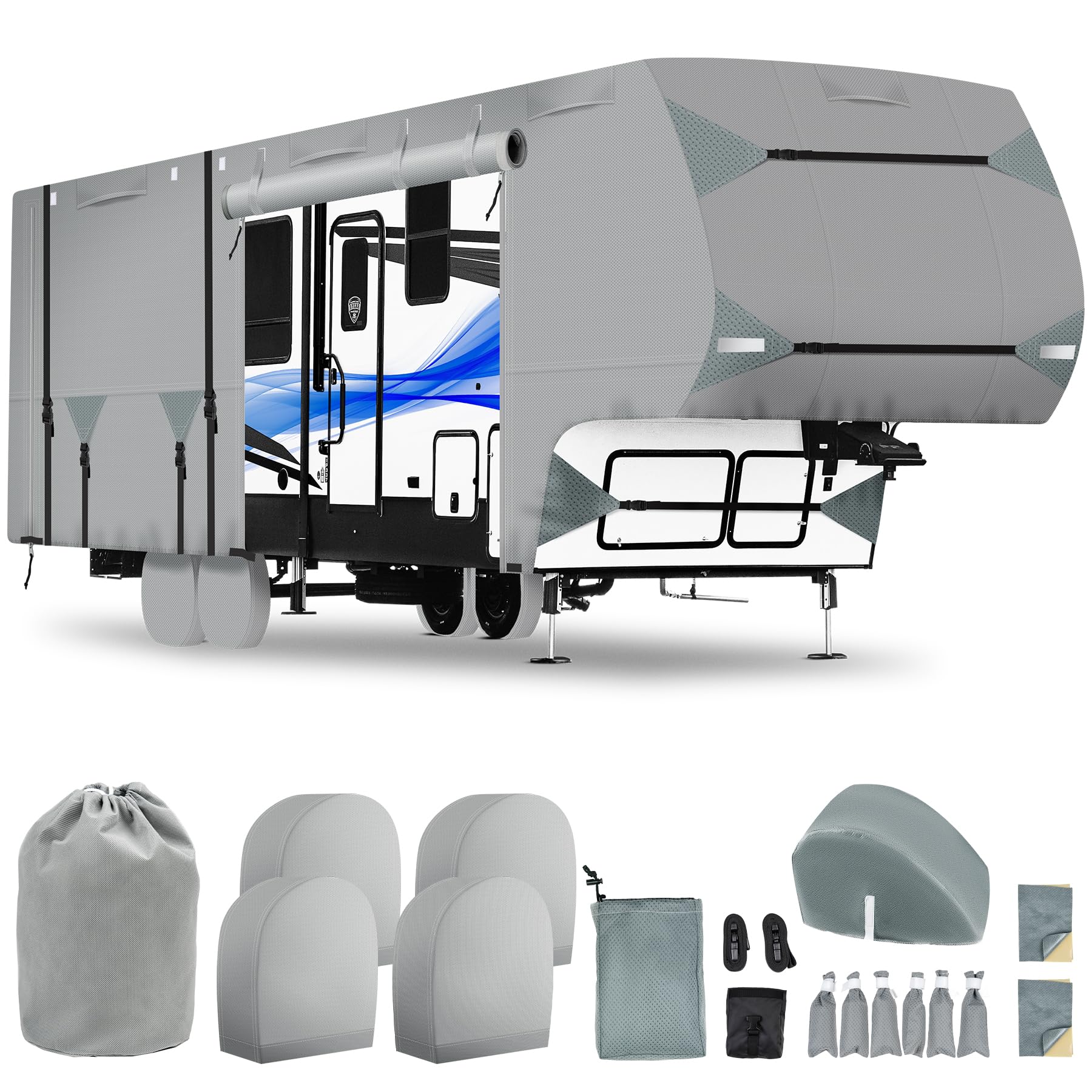 Photo 1 of 5th Wheel RV Cover 40-43ft, Upgraded 7-Layer Thick | 400 LBS Tearproof, Waterproof, Anti-UV & Windproof Camper Cover w/Tongue Jack Cover, Gutter Covers, Tire Covers, Stair Cover, Straps & Storage Bag