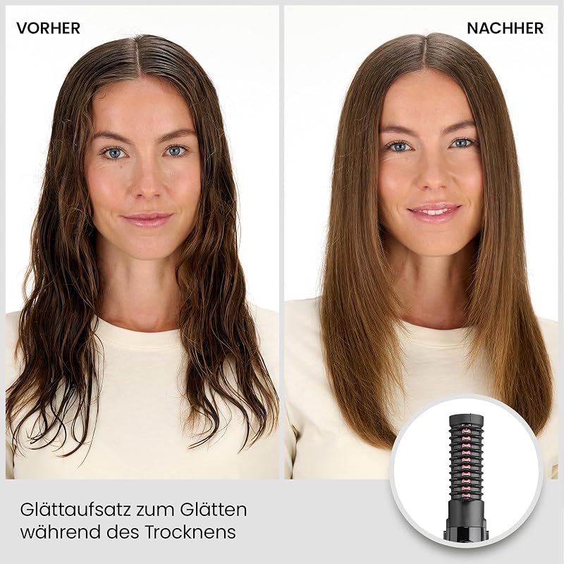 Perfect Finish - 1000W Warmluftbürste. 3 Aufsätze zum Glätten, Volumen & Formen, 2 Temperatureinstellungen + Kaltstufe, Ionen-Technologie für Anti-Frizz, schwarz, AS126E