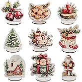 Wooden Christmas Table Centerpiece Decorations, Holiday Ornaments with Santa, Stocking, Tree Design, 9 Piece Set with Stand