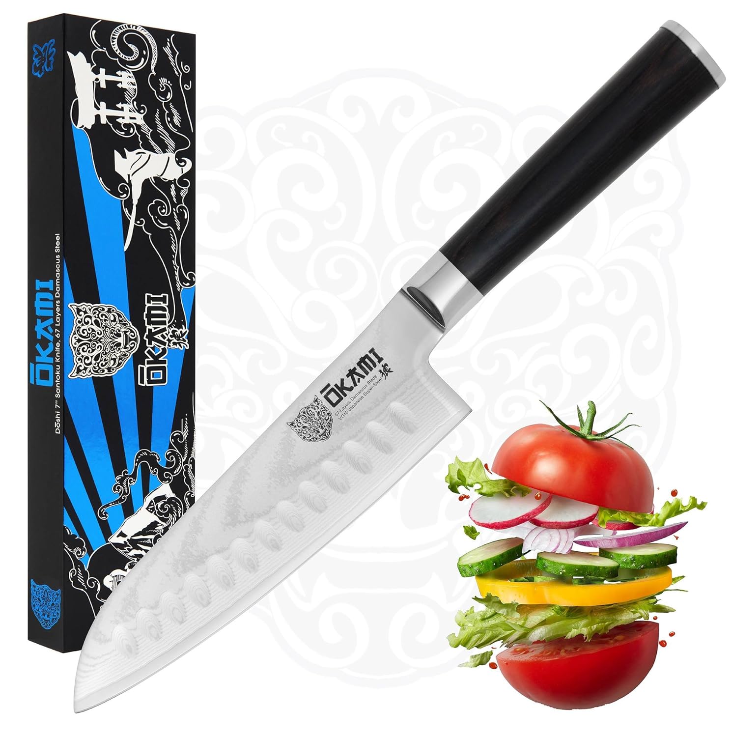 Santoku Knife 7 Inch, VG10 Damascus Kitchen Steel, Edge