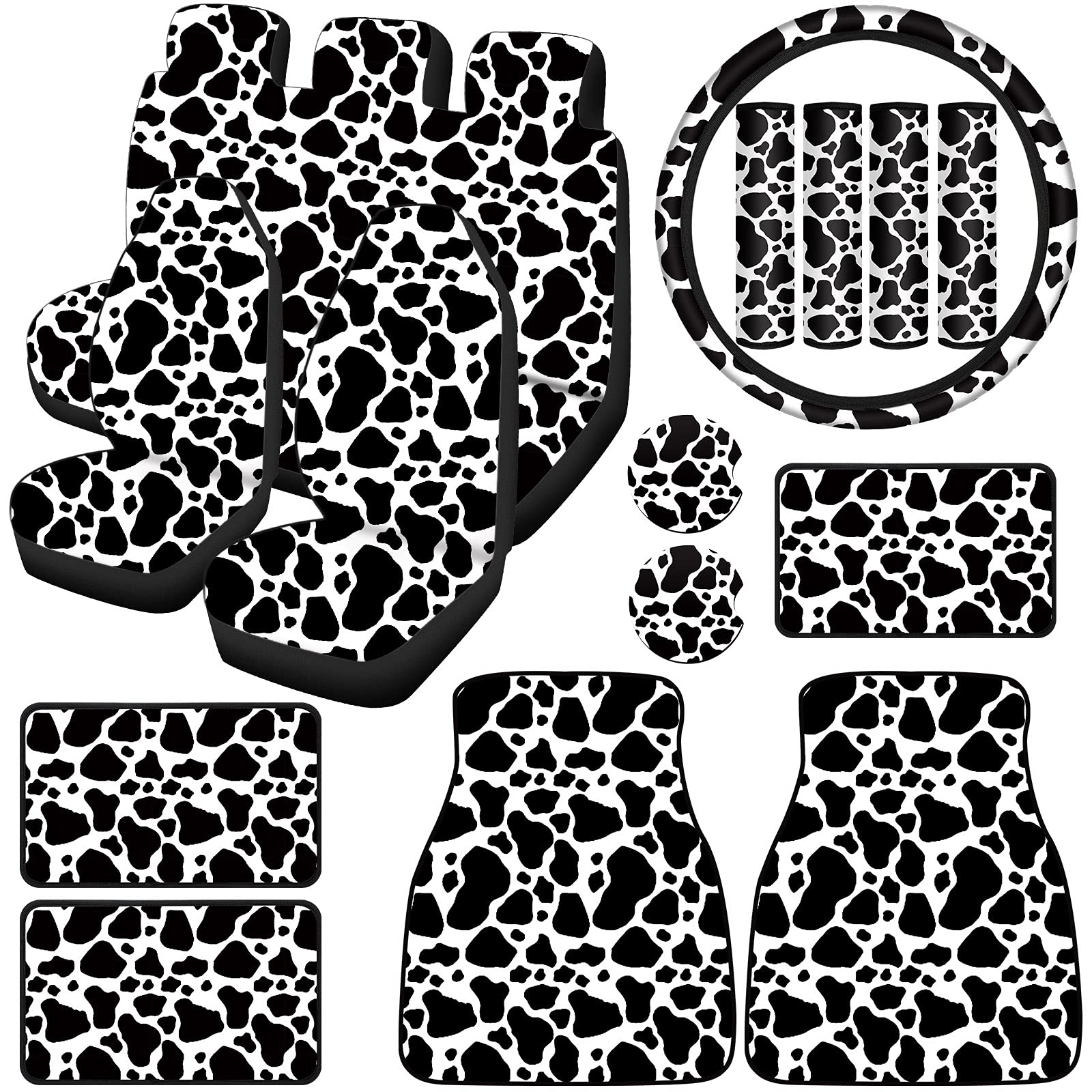 Photo 1 of Frienda 19 Pieces Cow Print Car Accessories Set for Women Man Cow Car Steering Wheel Cover Cow Print Seat Cover Seat Belt Pads Car Floor Mats Car Cup Holders Car Armrest Pad for Women Men Cars