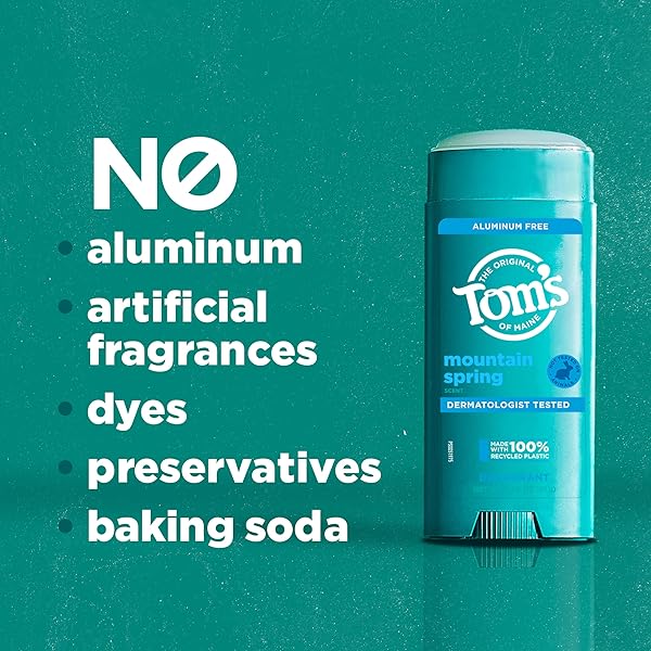 TOM’S OF MAINE MOUNTAIN SPRING NATURAL DEODORANT FOR MEN AND WOMEN, ALUMINUM FREE, NO ARTIFICIAL FRAGRANCES, DYES, OR PRESERVATIVES, BAKING SODA FREE, 48-HOUR ODOR PROTECTION, 3.25 OZ