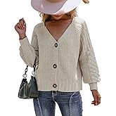 Miessial Women's Button Down Long Sleeve Cardigan Sweaters Chunky Cable Knit Crop Sweater Top