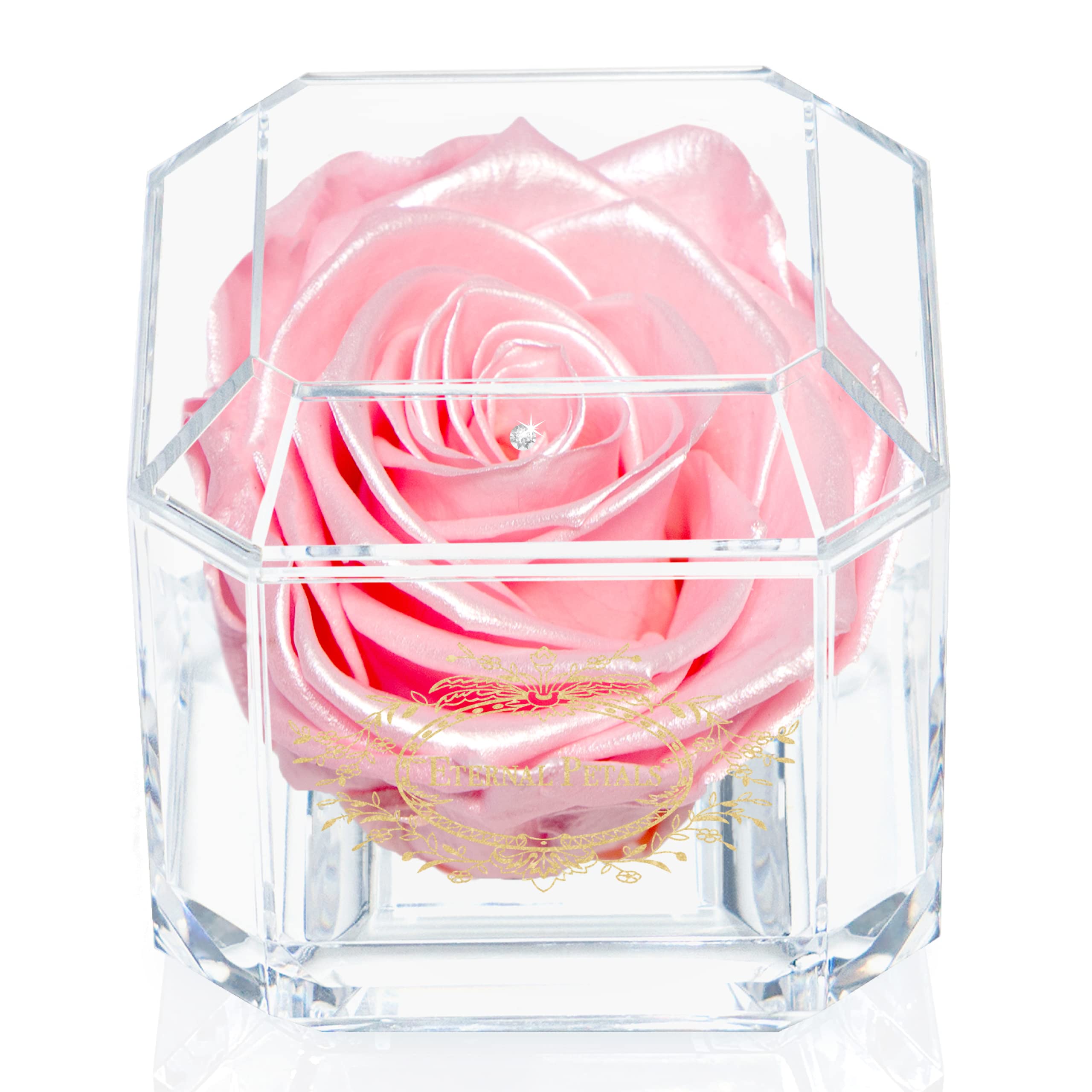 A 100% Real Rose That Lasts Years - Eternal Petals, Handmade in UK – Gold Solo with A Clear Crystal (Pink Satin)