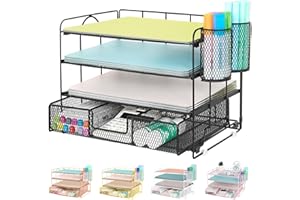 Becomrock Desk Organizers, 4-Tier Paper Letter Tray Organizer with Drawer and Pen Holder, Mesh Desktop Organizer, Office Supplies Desk Accessories (Black)