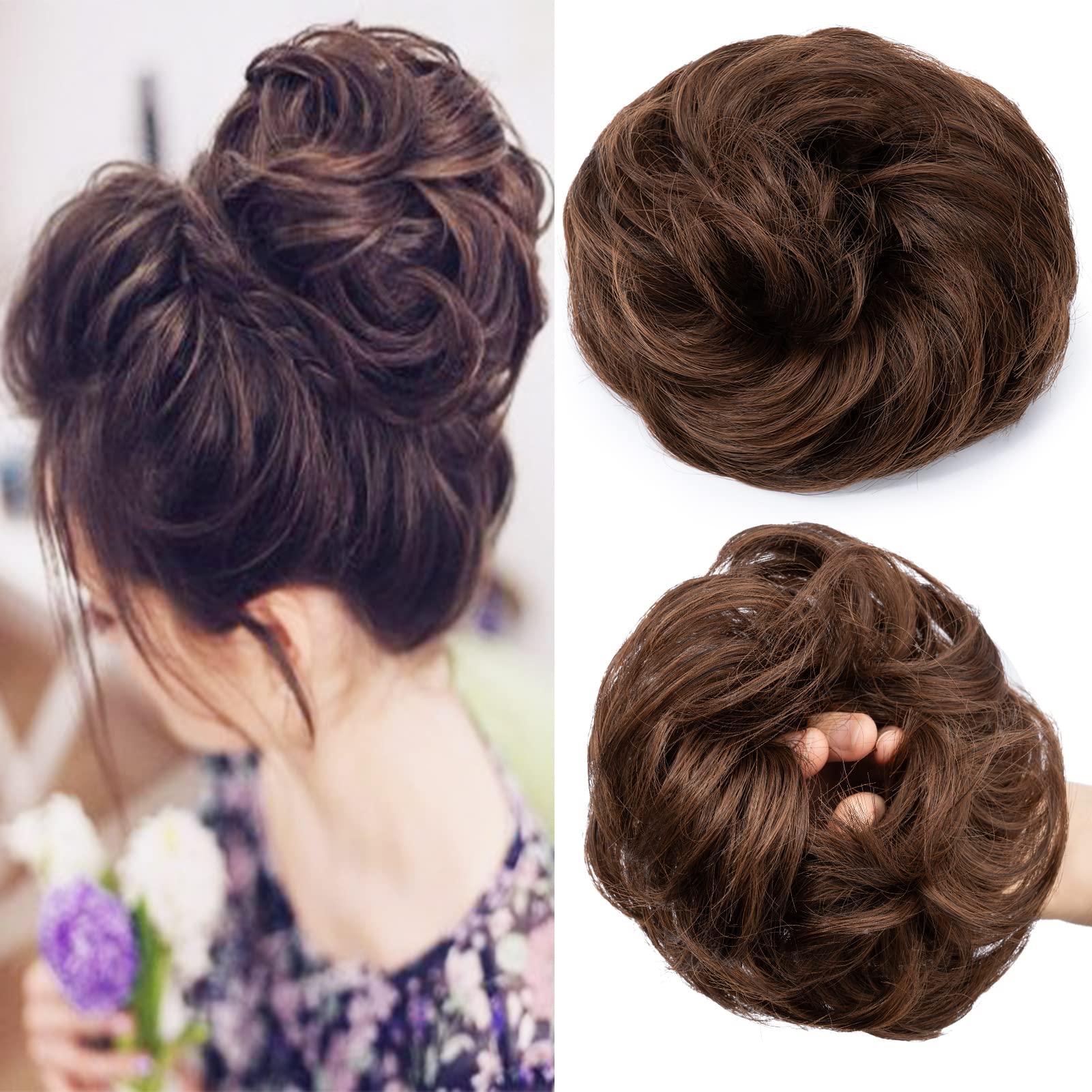 Cybelleza Scrunchy Bun Updo Hairpiece - Wavy Curly Messy Hair Bun Donut Hair Chignons - Dark Brown & Light Auburn