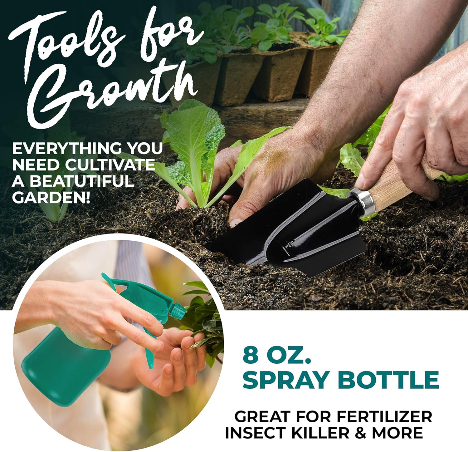 Scuddles Garden Tools Set - 8 Piece Heavy Duty Gardening Kit with Storage Organizer, Ergonomic Hand Digging Weeder Rake Shovel Trowel Sprayer Gloves Gift for Men Or Women : Garden & Outdoor