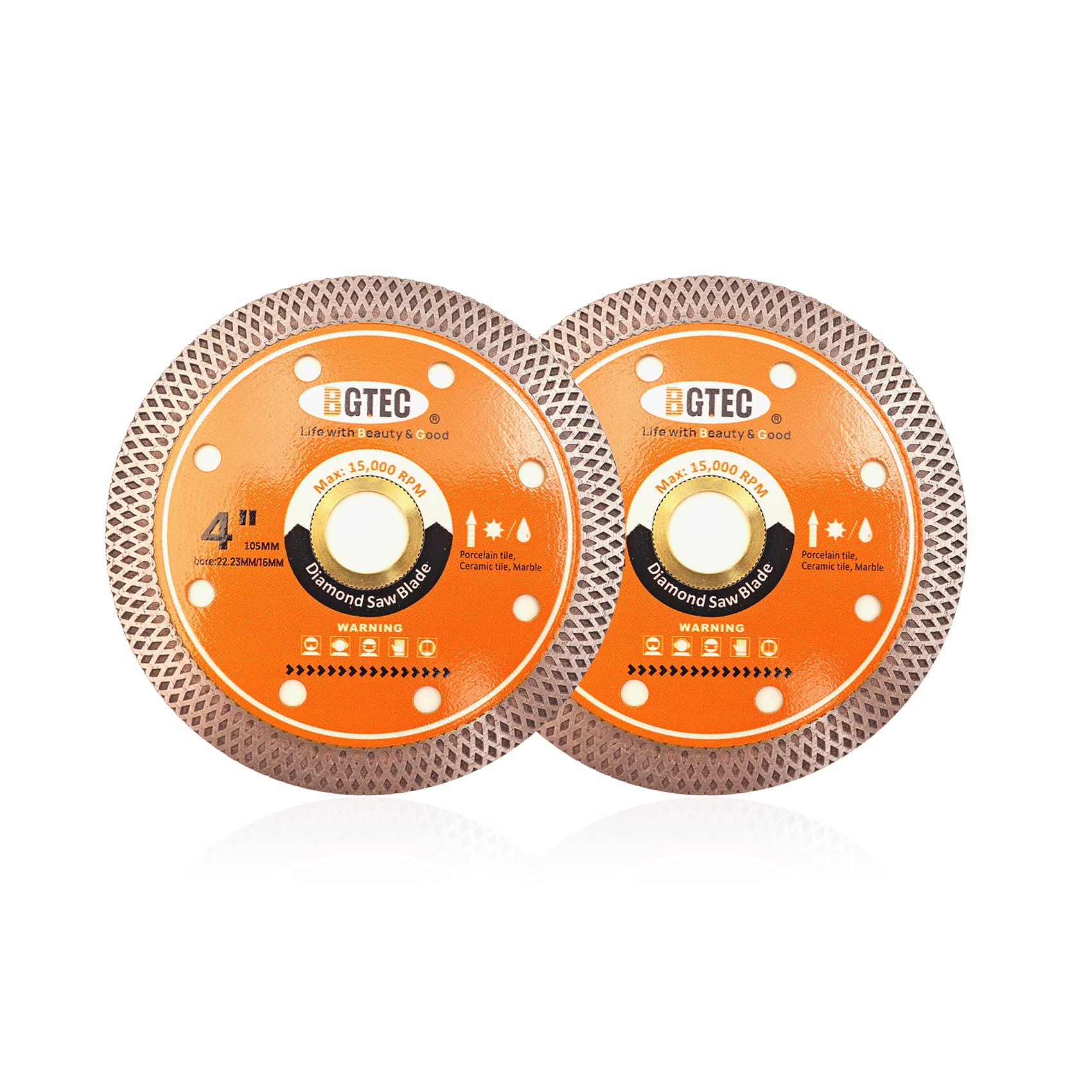 Super-Thin Diamond Tile Blade with Mesh Rim,BGTEC 2Pcs 4 Inch/105MM x Arbor 22.23-16mm Cutting Disc For Dry or Wet Cutting Porcelain Ceramic Marble Granite