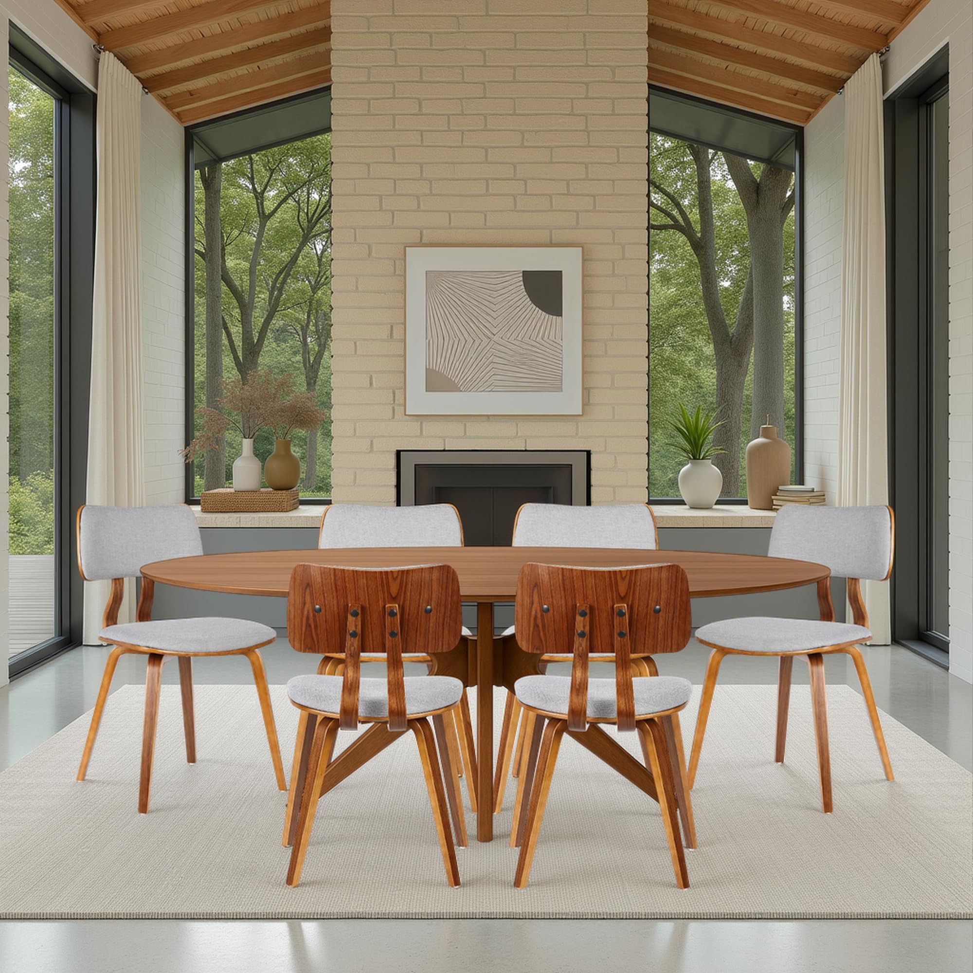 Armen Living Jaguar Mid-Century Dining Chair in Walnut Wood and Gray Fabric – Set of 6