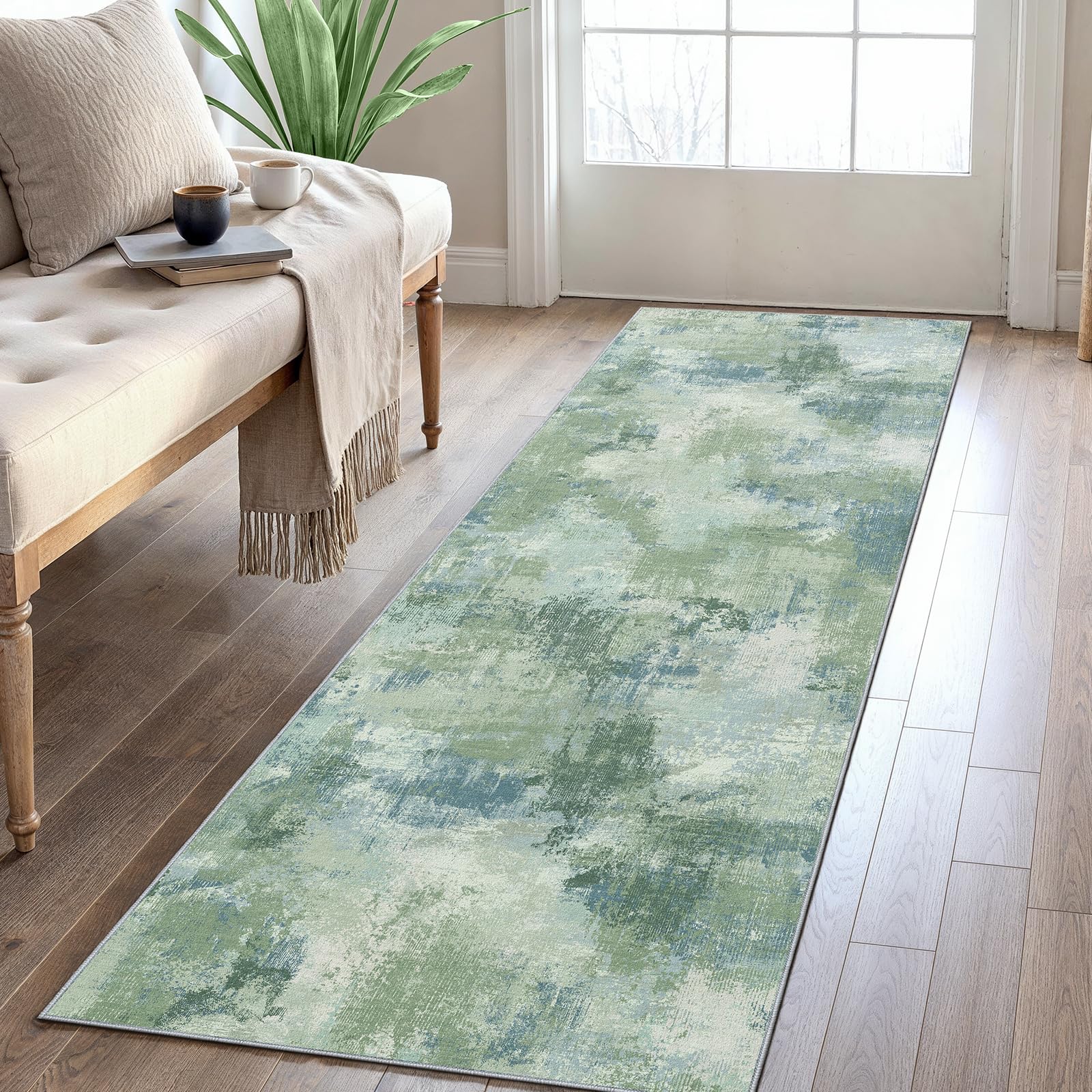 Runner Rugs for Hallway 2x6, Modern Abstract Machine Washable Runners for Kitchen Entryway Bathroom Bedroom, Low Pile Lightweight Thin Non Slip Runner Rug, Green Image