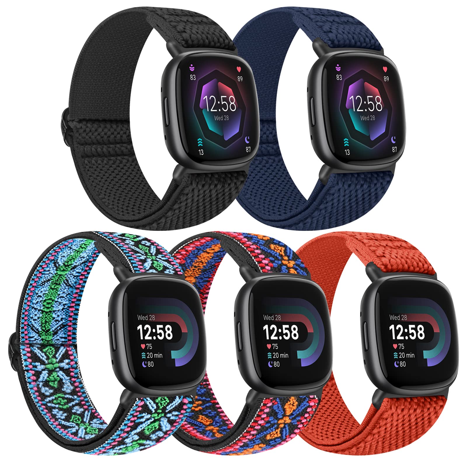 Tiptops 5 Pack Straps Compatible for Fitbit Versa 4/Fitbit Sense 2 Straps/Fitbit Versa 3/Fitbit Sense Bands Men Women, Adjustable Comfortable Loop Nylon Sports Replacement Stretchy Bands
