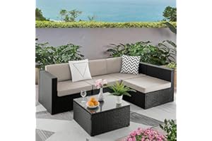 Waleaf 5 Pieces Outdoor Furniture Rattan Sectional Patio Sofa, Outdoor Indoor Backyard Porch Garden Poolside Balcony Wicker Conversation Set with Table (Beige)