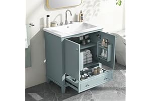 LUMISOL 30" Bathroom Vanity with Sink Set, Modern Single Bathroom Cabinet with Storage Doors and Drawer, Solid Wood Bathroom Vanity with Ceramic Sink, Green