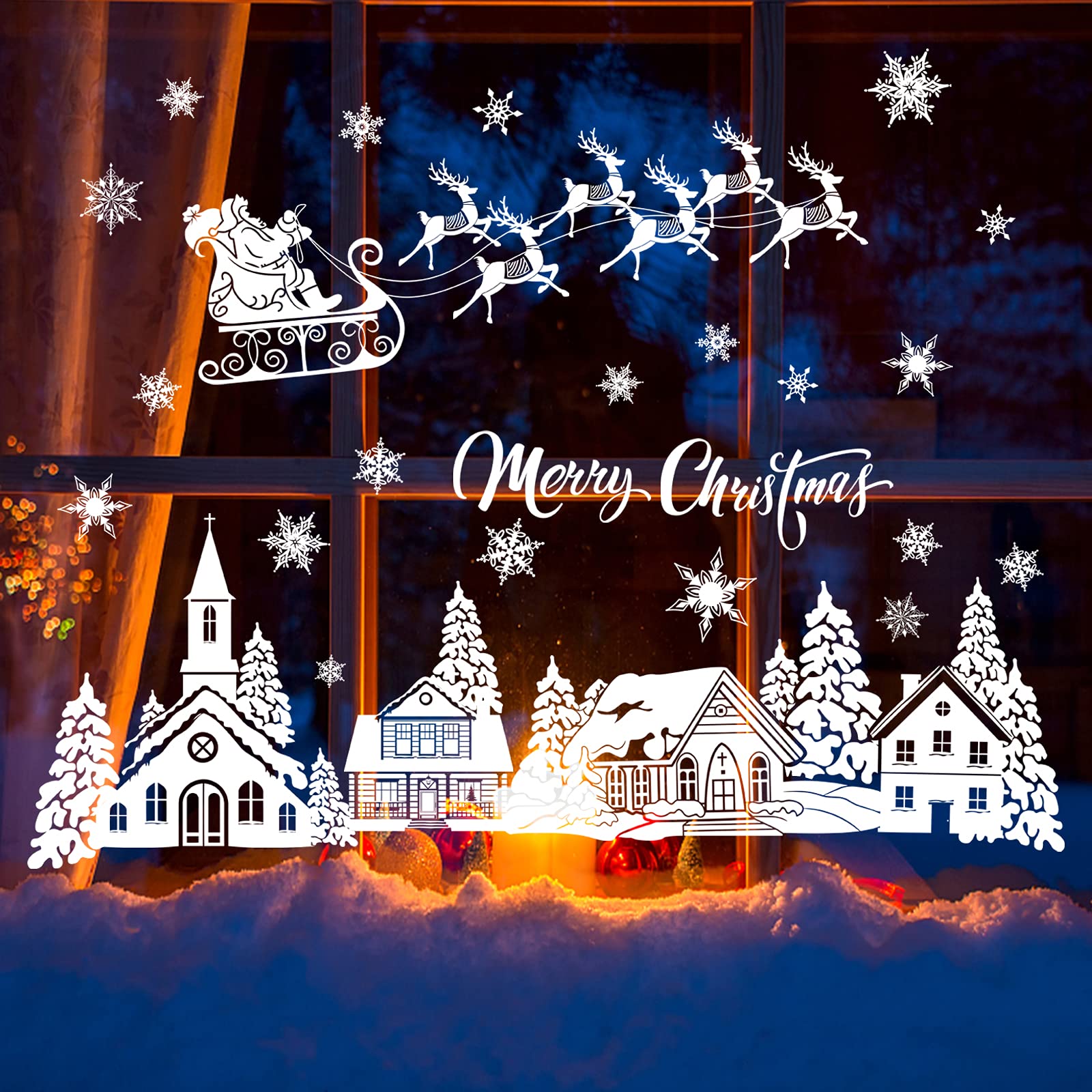 decalmile Christmas Window Clings Double Side Snow House Santa Claus Reindeer Window Decals Reusable Christmas Window Glass Stickers Door Party Home Decor