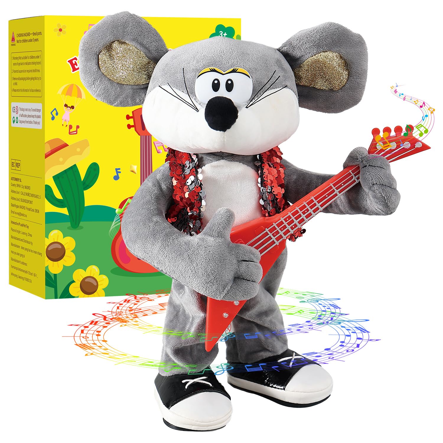 Marsjoy Rocking Dancing Mouse Plush Toy, Singing Music Twisting Body Plush Stuffed Animals, Rocking Punk Crazy Cool Guitar Mouse, Perfect Christmas Birthday New Year for Kids