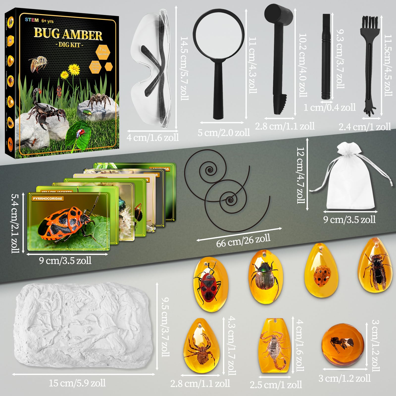 Bernstein Ausgrabungsset für Kinder ab 6 7 8 9 10 11 12 Jahren, Fossilien Ausgrabungsset Kinder mit 7 Künstliche Insektenfossilien und Ausgrabungszubehör, Edelsteine Ausgraben für Jungen Mädchen 3