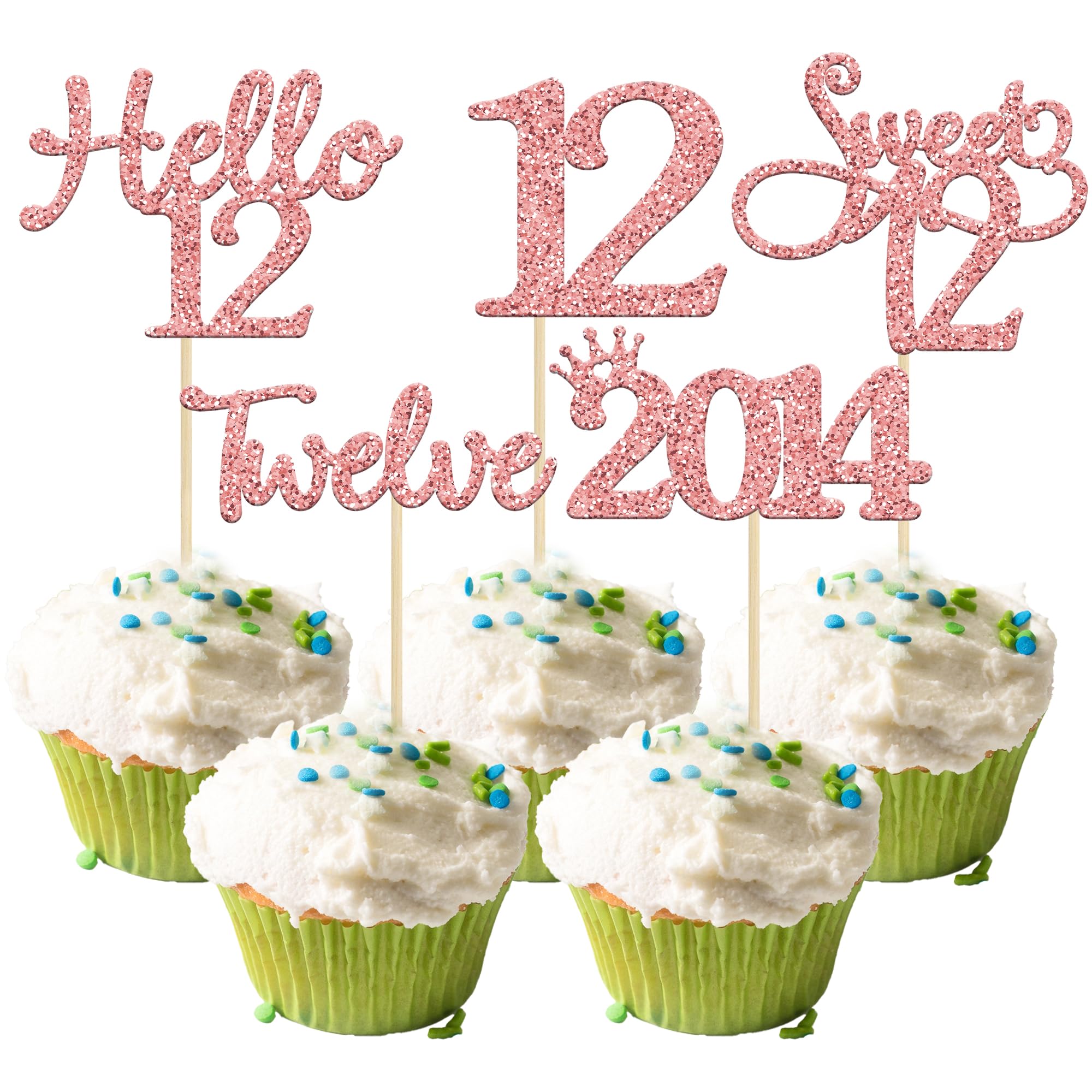 Gyufise 30 Pack Rose Gold Glitter 12th Birthday Cupcake Toppers Hello Sweet 12 Twelve Since 2014 Cupcake Picks for 12th Birthday Party Cake Decorations Supplies
