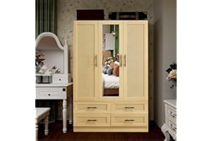 ClassyCabin Rattan Armoire Wardrobe Closet with 3 Door 4 Drawers Mirror Shelves and Clothes Hanging Rod for Bedroom Wood Large Storage Cabinet 71" Tall Pantry