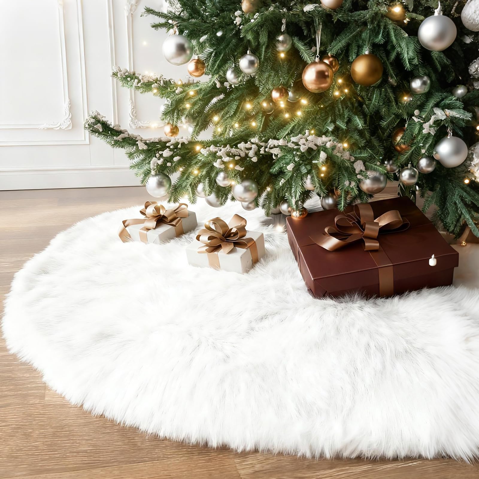 Photo 1 of 60 Inch Large Christmas Tree Skirt Faux Fur Snow White Plush Tree Mat Base Cover for Merry Christmas Party Holiday Home Indoor Xmas Tree Decorations