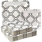 Elegant Square White & Silver Moroccan Paper Plate Set (36 Pcs.) - Includes Dinner & Side Plates - Perfect for Weddings, Birthday Parties, & Special Events