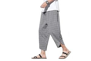 DOSLAVIDA Men's Casual Elastic Waist Linen Capri Pants Wide Leg Baggy Cotton Harem Yoga Trousers Loose Patchwork Shorts