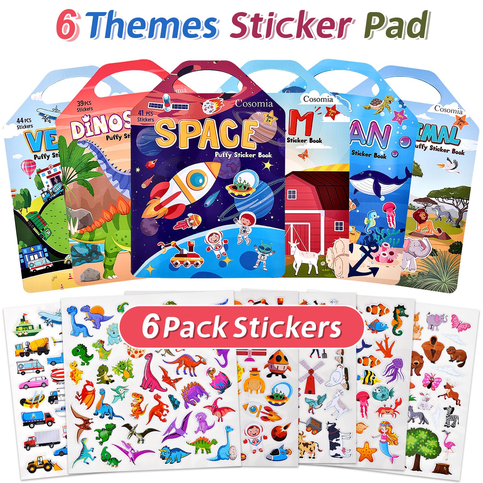 6 Set (260pcs) Puffy Sticker Books Activity for Kids, Animal, Farm, Dinosaurs, Space, Vehicle, Ocean, 3D Reusable Stickers for Boys and Girls, Travel Sticker Books for Kids Ages 3+