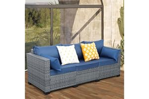 Lviden Wicker Patio Couch, Outdoor 3-seat Sofa, All Weather PE Rattan, Deep Seating Deck Furniture Set with Navy Blue Cushions