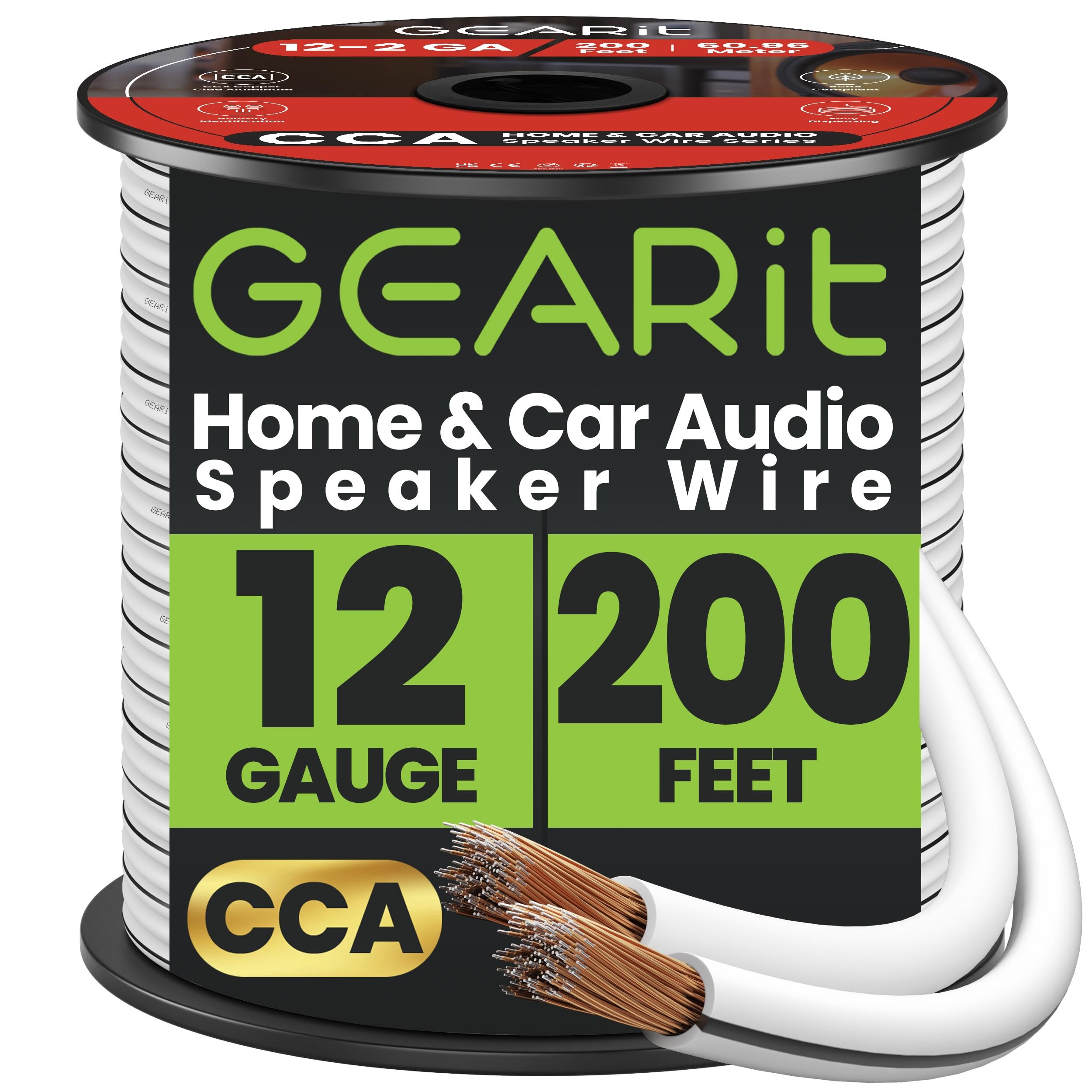 GEARit 12 Gauge Speaker Cable 200ft, Flexible 2x4mm² Speaker Wire with Polarity Markings, 2-Conductor 12AWG CCA Audio Cable for In-Wall Home Theater, Car Audio Stereo, HiFi Surround Sound (White)