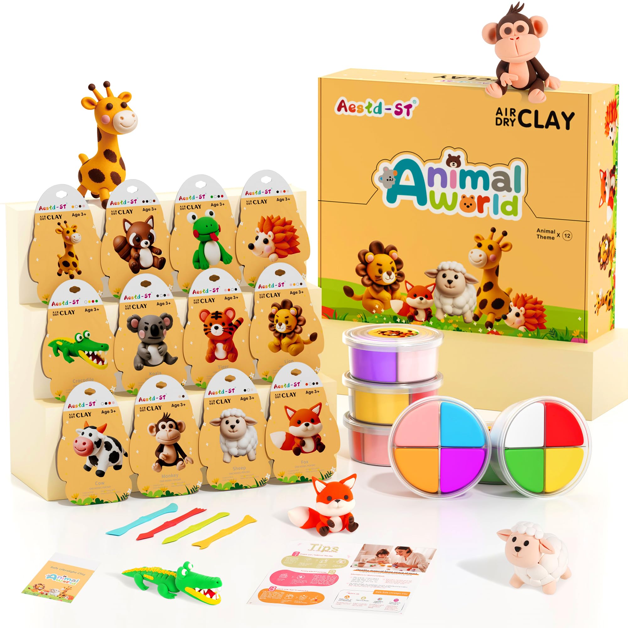 Photo 1 of Air Dry Clay Kit - Animal Theme, Modeling Clay for Kids, DIY Model Magic Clay with Sculpting Tools and Tutorials, 12 Boxes Molding Clay, Ultra Light, Soft & Non-Sticky, Arts and Crafts Gift for Kids