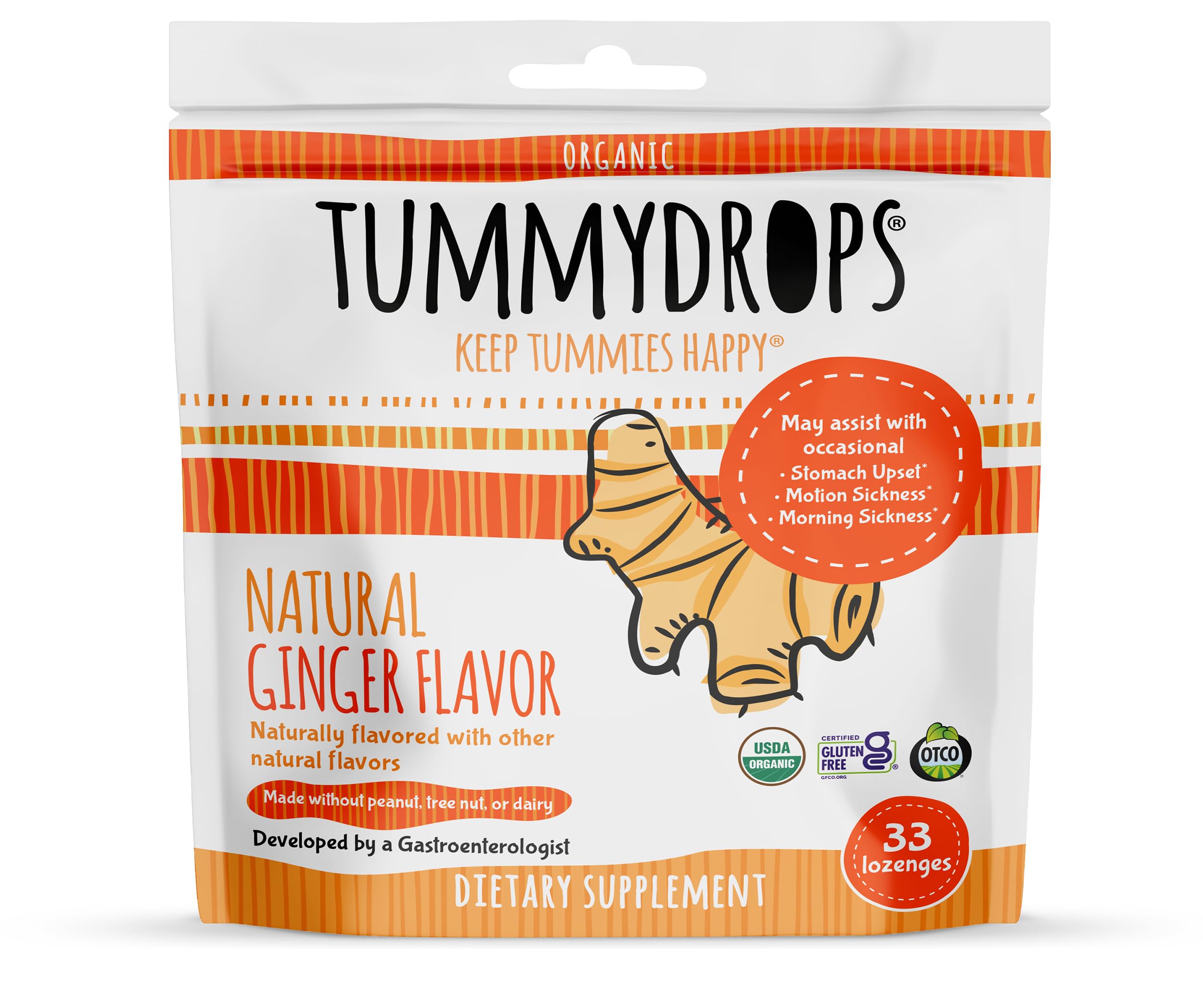 USDA Organic Natural Ginger Tummydrops, Gluten Free & Vegan, 33 Individually Wrapped Drops in a Resealable Bag
