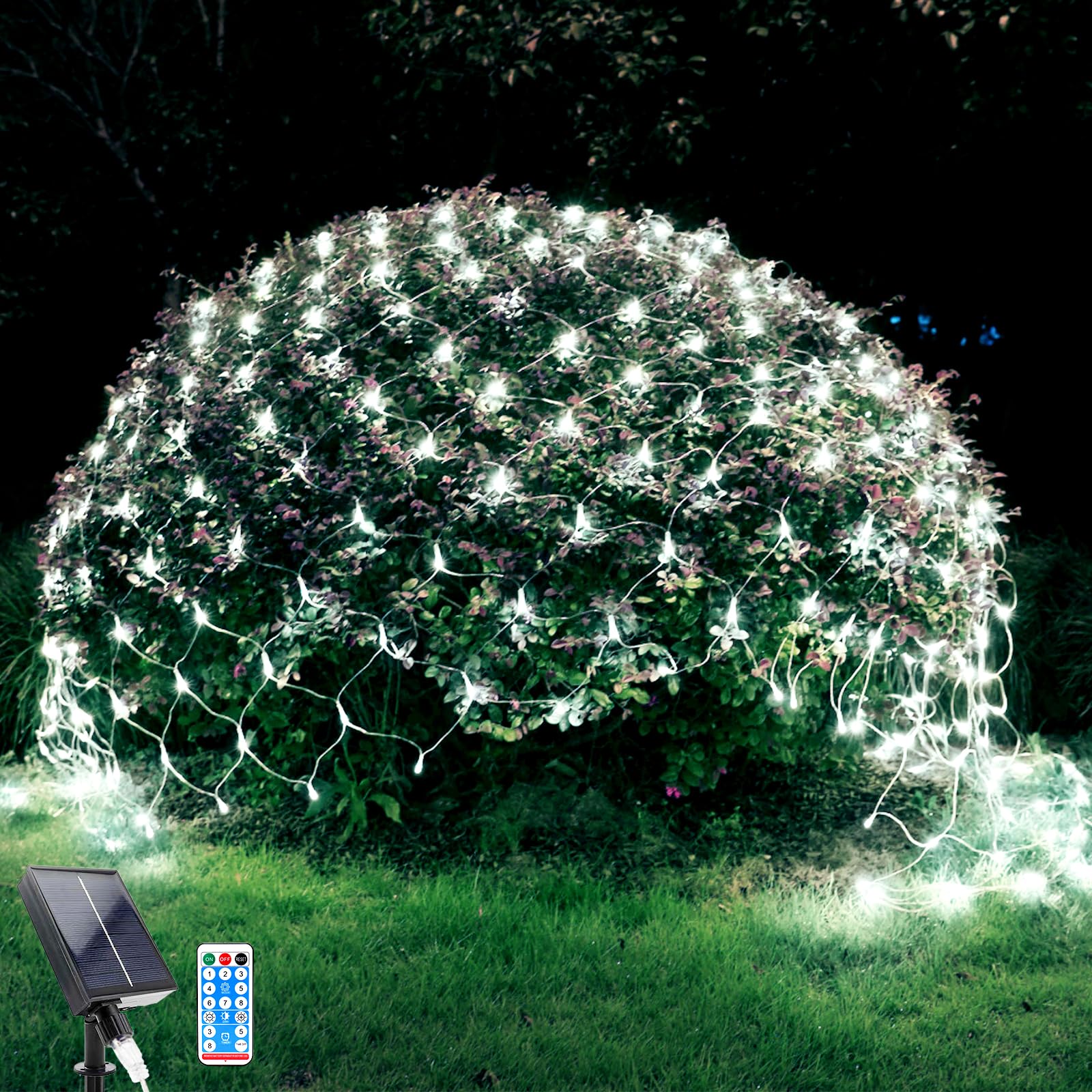 WoskjXas Solar LED Net Lights, 198 LED Mesh Fairy Lights, 8 Modes, 6.6 Ft x 9.8 Ft Garden Net Curtain Light, Remote Control, Waterproof - Ideal for Balcony Fence Christmas Decor (2M*3M, White)