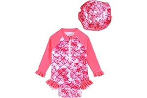 puseky Baby Girls One Piece Swimsuit Zip Rash Guard with Hat Set Swimwear Ruffled Cute Newborn Baby Girl Bathing Suit