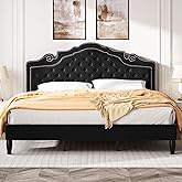 SHA CERLIN King Size Platfrom Bed Frame with Adjustable Headboard/Velvet Upholstered Diamond Button Tufted and Metal Studs/No Box Spring Needed/Easy Assembly/Wooden Slat Support/Black