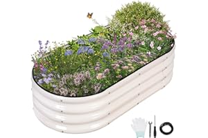 Permade Galvanized Raised Garden Bed - 4x2x1FT Metal Planter Boxes Outdoor | Oval Steel Raised Bed Kit for Gardening with Protective Tape, Gloves for Vegetables, Flower, Herb (White)
