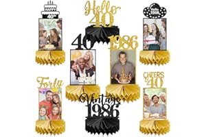 Eucutur 8Pcs 40th Birthday Decorations Honeycomb Centerpieces for Women Men, Black Gold Vintage 1986 40th Bday Photo Table Centerpieces Party Supplies, Glitter Cheers to 40 Year Old Bday Table Topper