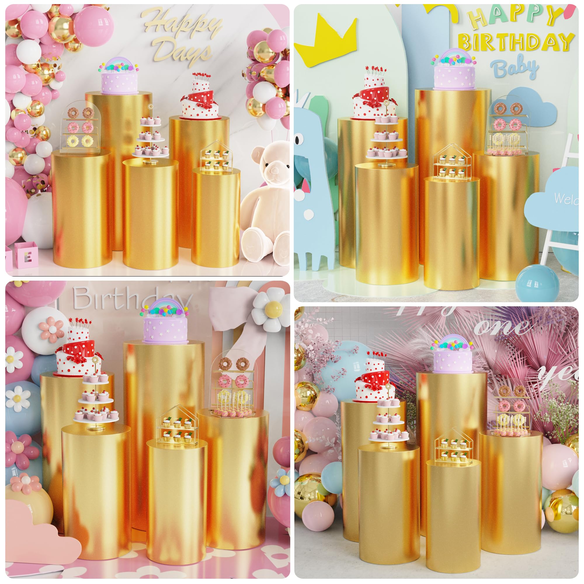 Putros Spandex Cylinder Pedestal Covers Gold Set of 5 Cylinder Stand Bronzing Elastic Cloth Cover for Wedding Props Birthday Party Event Decor