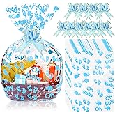 Outus 12 Pcs Extra Large Baby Shower Basket Bags with 10 Bows Ribbon 28 x 40 Inch Large Cellophane Baskets Empty Bags Jumbo Cellophane Wrap for Gift, Presents, Baby Shower(Blue)