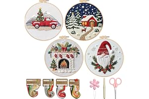 BBLYBD Christmas Embroidery Kit, 4 Set Embroidery DIY Starter Kit with Pre-Printed Embroidery Fabric, Hoops, Step-by-Step Instructions, Color Threads & Needles (Christmas-4 Set)