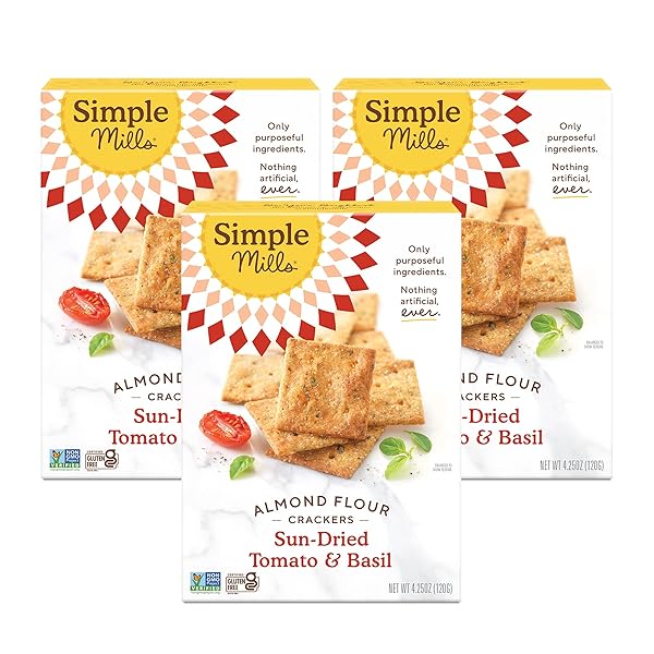 SIMPLE MILLS ALMOND FLOUR CRACKERS, SUNDRIED TOMATO & BASIL – GLUTEN FREE, VEGAN, HEALTHY SNACKS, PLANT BASED, 4.25 OUNCE (PACK OF 3)