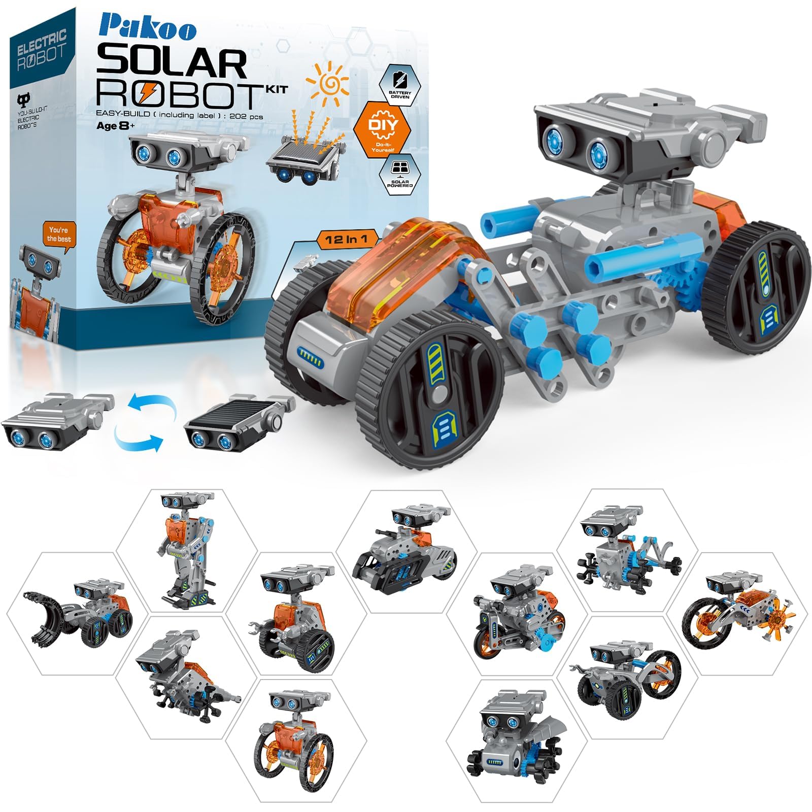 Photo 1 of 12-in-1 Solar Robot Kit for Kids 8-12, STEM Educational Building Toys with Solar Panel & Battery Power, DIY Science Experiment, Easter Birthday Gifts for Boys Girls 8 9 10 11 12 Years Old-Grey