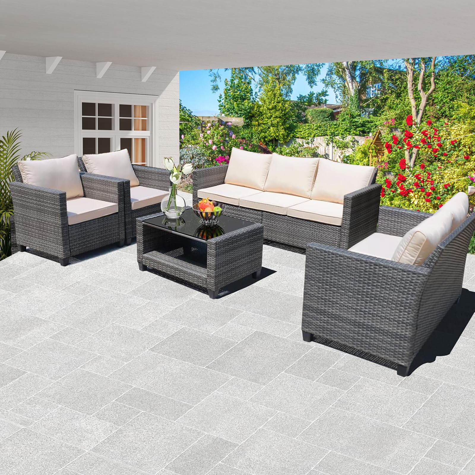 Photo 1 of **COFFEE TABLE ONLY**

5 PCS Outdoor Patio Furniture,PE Rattan Grey Wicker with Dining Table &Chair,Sectional Chair Set with Washable Cushions,Tea Table,Conversation Furniture for Garden Poolside